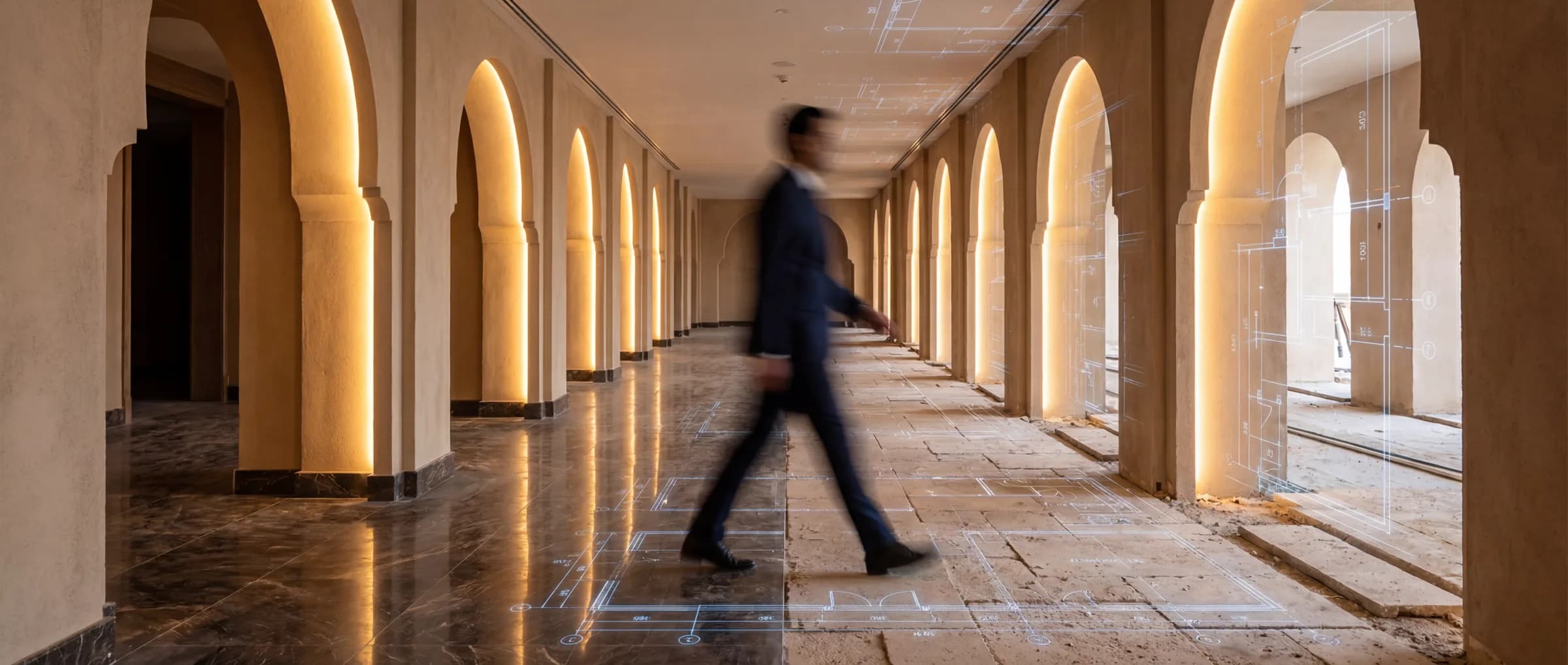 Long travertine corridor receding into soft light
