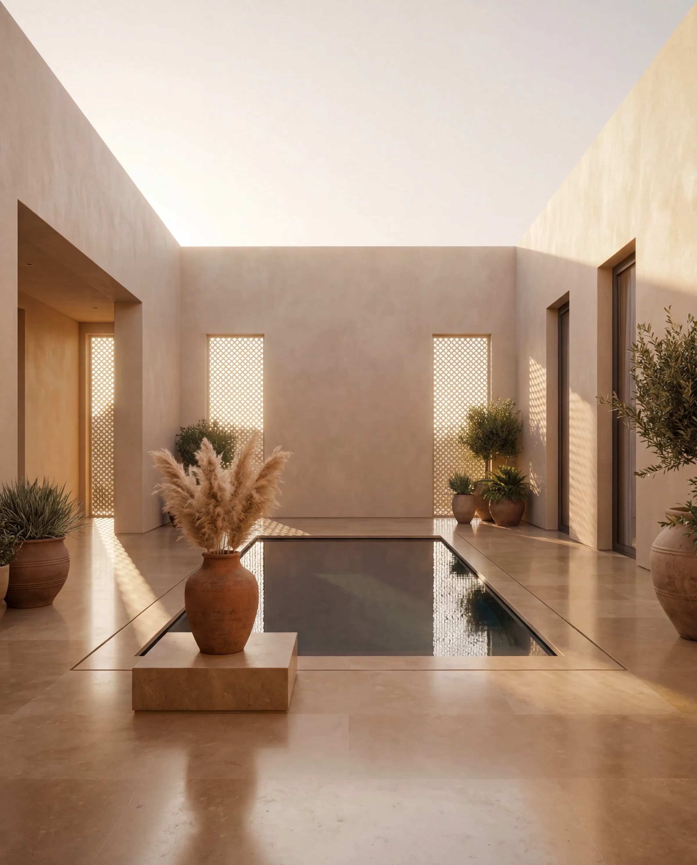 Sunlit travertine courtyard, perfectly empty and still