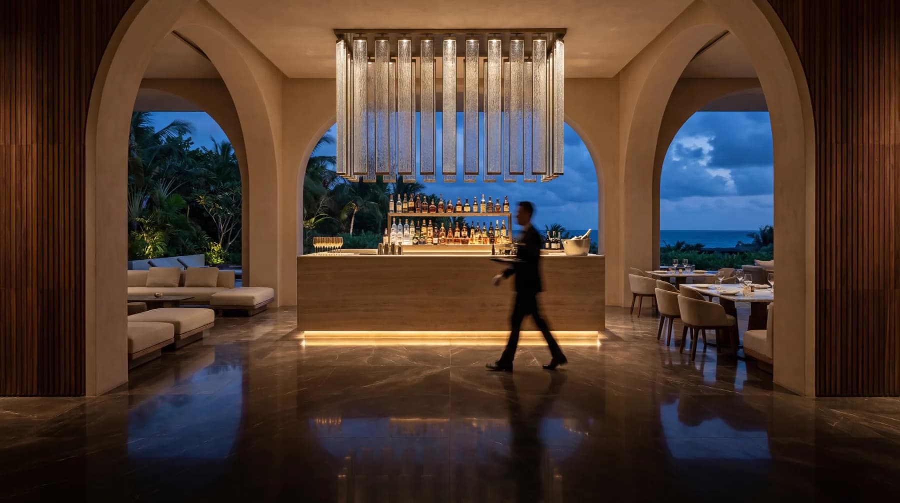 Luxury architectural bar at dusk