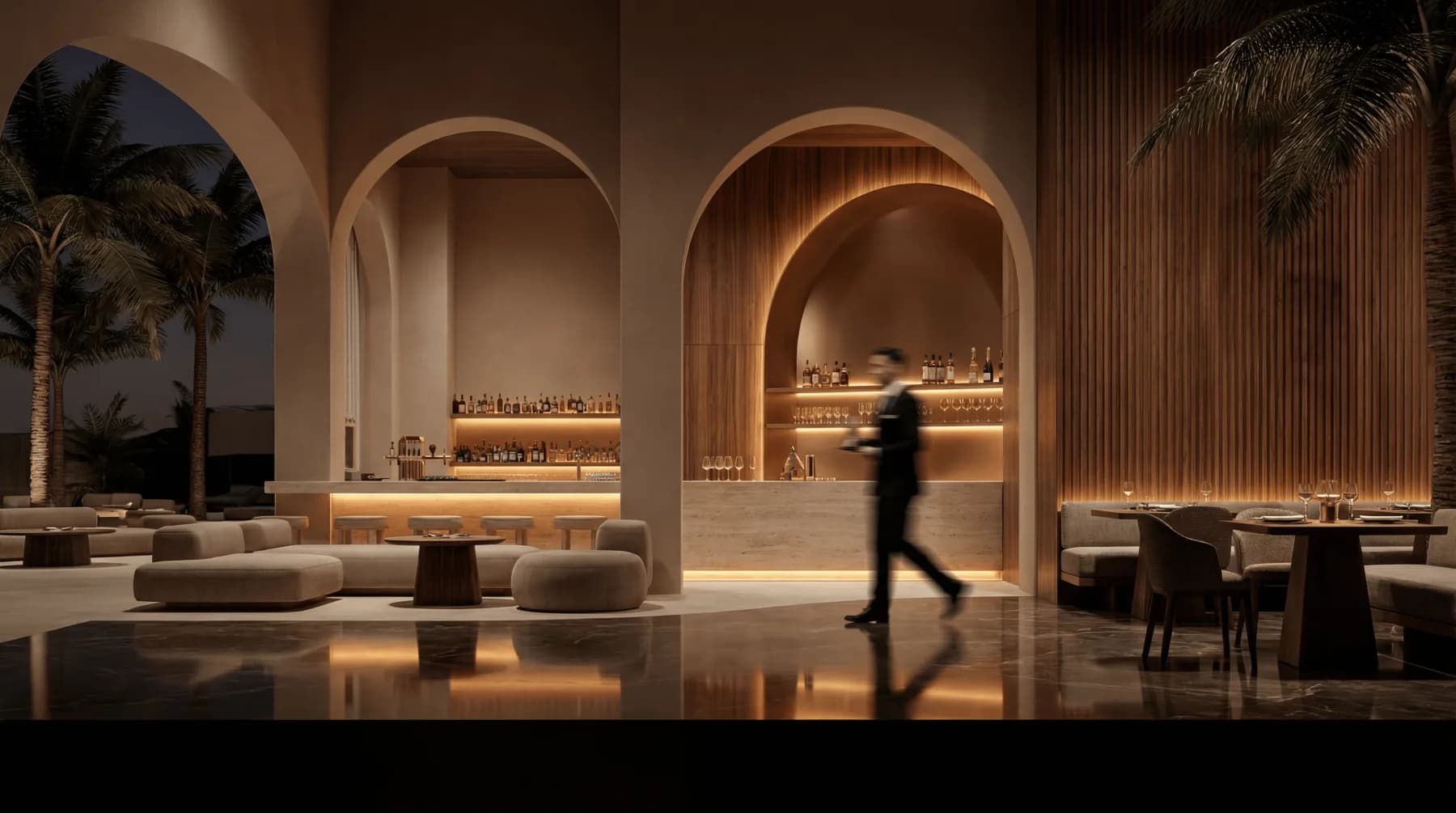 Luxury hotel bar at dusk